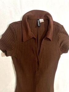 H&amp;M Brown Ribbed Polo Dress