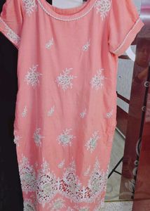 Peach Embroidered Kurta With Chikankari Pant