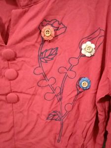 Red Peplum Mandarin Collar Top with Floral Details