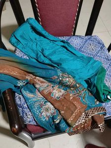 Brown &amp; Teal Embroidered Suit Set