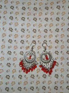 Boho Red Beaded Silver Drop Earrings