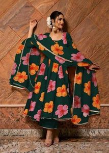 Green Floral Print Anarkali Dress