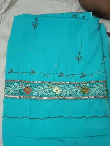 Cyan Blue Teal Embroidered Soft Fabric Saree