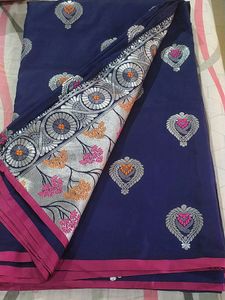 Blue Kathpadar Saree With Stitched Blouse