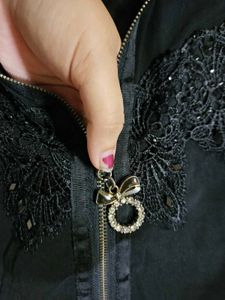 Black Zip-Up Dress with Floral Applique