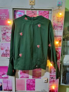 Green Floral Turtle Neck Embroidered Top