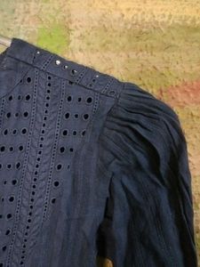 Blue Eyelet Long Sleeve Top