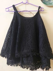Black Crochet Tank Top with Fringe