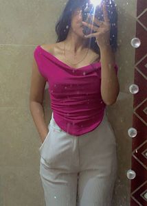 “Chic off-shoulder pink top, worn only once!