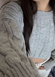 Gray Cable Knit Cropped Sweater