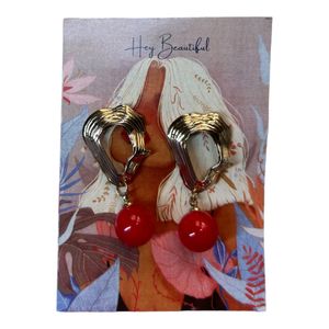Korean Metallic Earrings With Red Drops