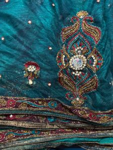 Emerald Green Embroidered Sari Fabric