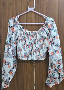 Floral Puff Sleeve Crop Top with Front Tie
