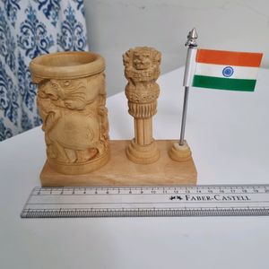 Wooden Pen Stand with Ashoka Stambh &amp; National Flag