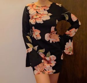 Floral Printed Black Mini Dress