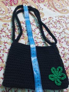 Crochet Black Bag with Green Flower