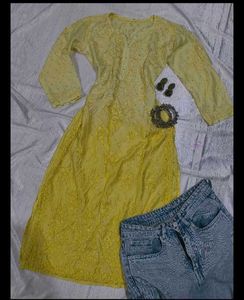 Yellow Embroidered Chinakri  Kurti