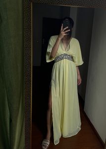 Lime Yellow Plunge Neck Maxi Dress