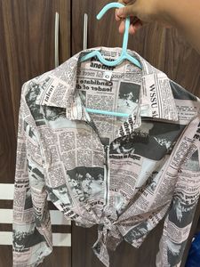 Newspaper Print Tie-Front Top