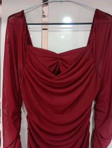 Burgundy Mesh Long Sleeve Dress