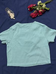 Ribbed Blue Crop Top With Neck Detail