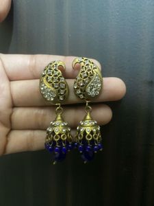 Elegant Peacock-Inspired Jhumka Earrings with Blue