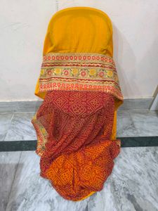 Yellow And Red Rajasthani Tie Dye Heavy Work Saree
