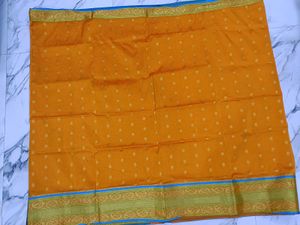 Orange and sky blue combination saree