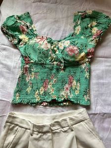 Floral green shirred crop top with puff sleeves