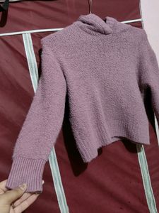 Purple Woolen hooded Crop Hoody