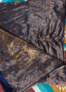 Elegant Navy &amp; Gold Brocade Fabric