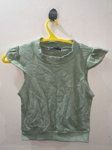 Zara Ribbed Ruffle Sleeve Top - Mint Green