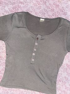 Grey Ribbed Button-Up Crop Top