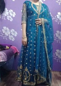 Elegant Teal & Gold Anarkali Dress With Dupatta