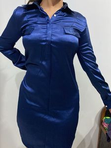 Navy Blue Satin Shirt Dress