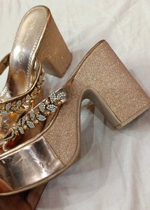 Embellished Rhinestones Metallic Finish Gold Heels