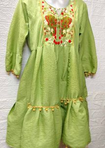 Green Dress With Red Embroidered Patch Work
