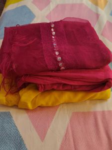 3 Peace Yellow Suit Set With Palazzo And Duppta