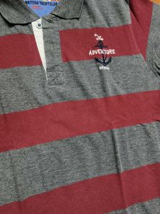 Mast &amp; Harbour Men Grey Red Striped Polo Tshirt