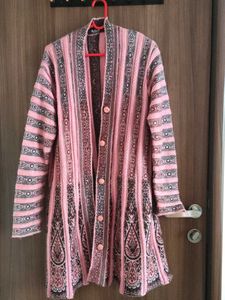 Pink Patterned Knit Cardigan With Pockets