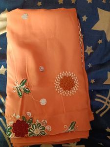 Orange Floral Embroidered Saree