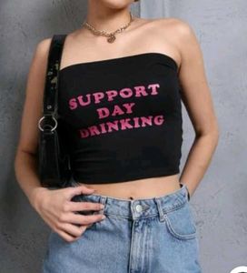 Strapless Typographic Print Short Tube Fitted Top