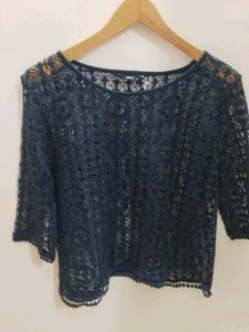 Navy Blue Crochet Lace Sheer Top