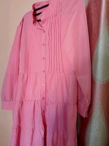 Pink Tiered Midi Shirt Dress