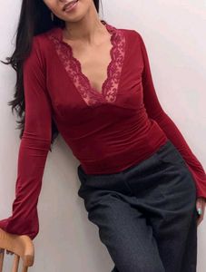 Burgundy Lace Trim Long Sleeve Top