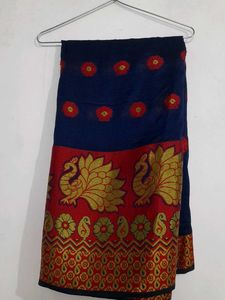 Elegant Navy Saree with Red &amp; Gold Border