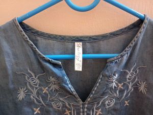 Embroidered Blue Denim Tunic Top
