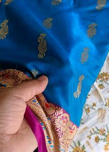 Blue Silk Saree with Peacock Design