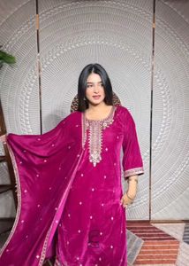 Velvet Embroidered Kurta Set