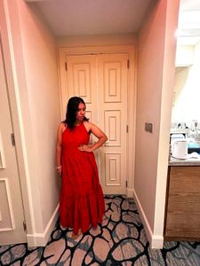 LOV Red Schiffli Detailed Cotton Tiered Dress